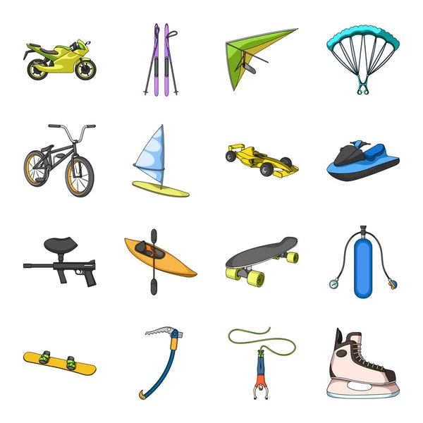 Motorcycle racing, downhill skiing, jumping, parachuting and other sports. Extreme sports set collection icons in cartoon style vector symbol stock illustration web.