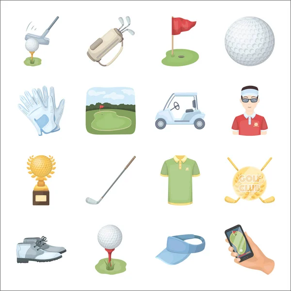 Ein Golfer, ein Ball, ein Schläger und andere Golf-Attribute. Golfclub Set Sammlung Symbole im Cartoon-Stil Vektor Symbol Stock Illustration Web. — Stockvektor