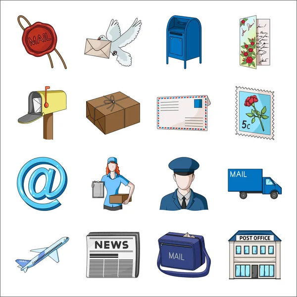 Cartero, sobre, buzón de correo y otros atributos del servicio postal. Iconos de colección de conjunto de correo y cartero en el estilo de dibujos animados vector símbolo stock ilustración web . — Vector de stock