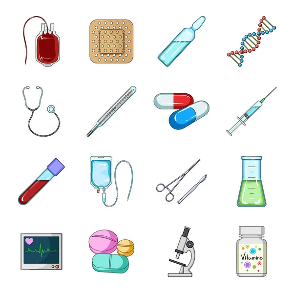 Δότη, γύψο, εμβόλιο και άλλα ιατρικά, ιατρική εξοπλισμού. Ιατρική, ιατρική που συλλογή εικονιδίων στο καρτούν στυλ διάνυσμα σύμβολο απόθεμα ενδεικτικά web. — Διανυσματικό Αρχείο