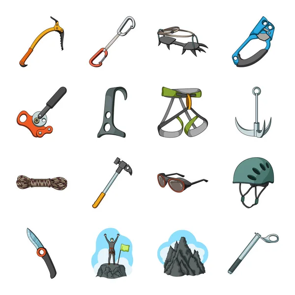 Ice ax, conquered top, mountains in the clouds and other equipment for mountaineering.Mountaineering set collection icons in cartoon style vector symbol illustration web . — стоковый вектор