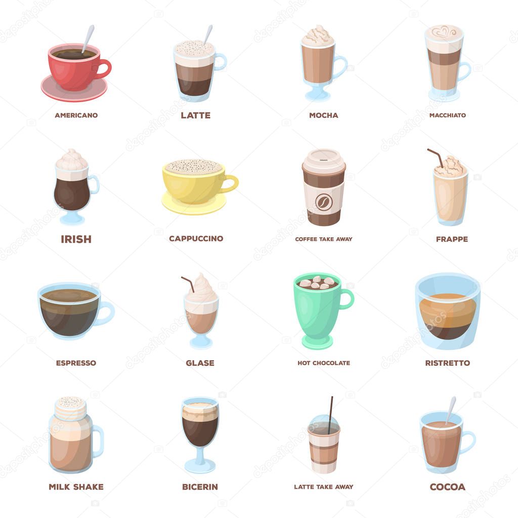 Different types of coffee. Different types of coffee. set collection icons in cartoon style vector symbol stock illustration web.