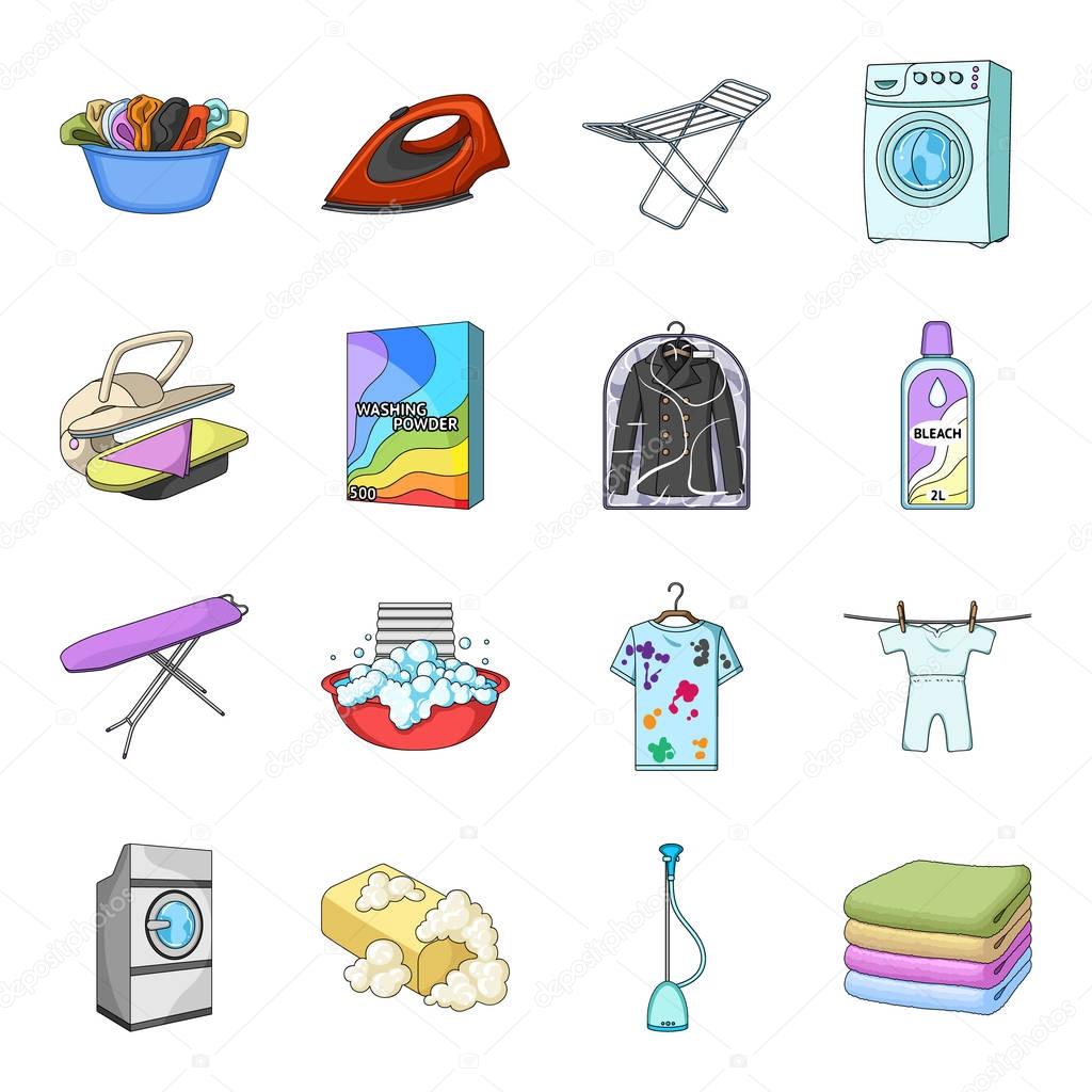 Washing machine, powder, iron and other equipment. Dry cleaning set collection icons in cartoon style vector symbol stock illustration web.