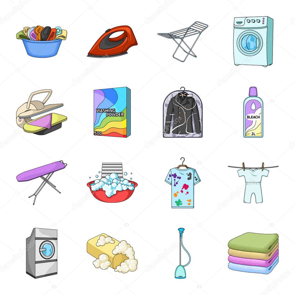 Washing machine, powder, iron and other equipment. Dry cleaning set collection icons in cartoon style vector symbol stock illustration .