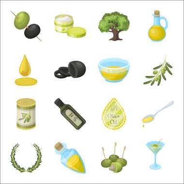 Zeytin, ağaç, dal ve diğer ürünlerinden zeytin. Zeytin toplama simgeler karikatür tarzı vektör simge stok çizim web içinde ayarla..