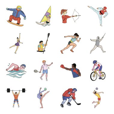 Hokey, tenis, Olimpiyat oyunları dahil spor boks. Olimpik spor toplama simgeler karikatür tarzı vektör simge stok çizim web içinde ayarla..