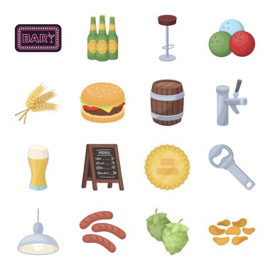 Bir sandalye, bir bira, bir işaret, bir pub için öğeleri. Pub toplama simgeler karikatür tarzı vektör simge stok çizim web içinde ayarla..