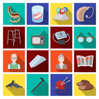 Koltuk, terlik, tonometer ve diğer öznitelikleri yaşlılık. Yaşlılık toplama simgeler düz stil vektör simge stok çizim web içinde ayarla..