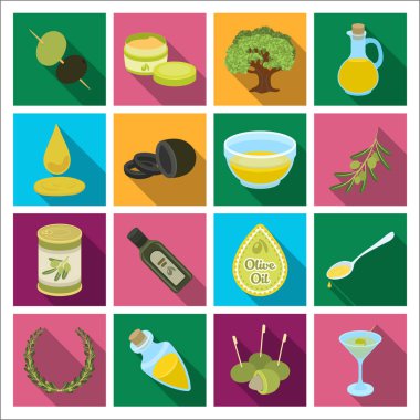 Zeytin, ağaç, dal ve diğer ürünlerinden zeytin. Zeytin toplama simgeler düz stil vektör simge stok çizim web içinde ayarla..