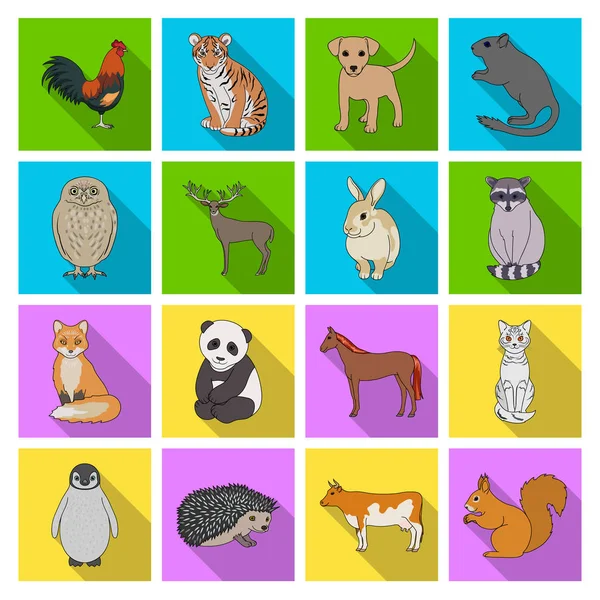 Deer, tiger, cow, cat, rooster, owl and other animal species.Animals set collection icons in flat style vector symbol stock illustration web. — Stock Vector