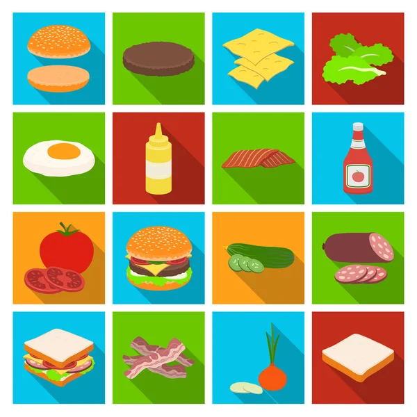 Rouleaux, escalopes, fromage, ketchup, salade et autres éléments. Burgers and ingredients set collection icônes in flat style vector symbol illustration web . — Image vectorielle