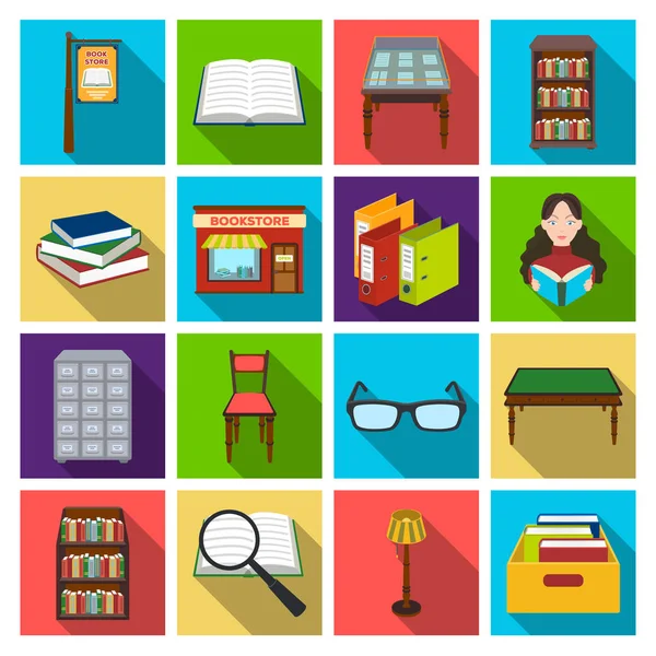 Library and bookstore set icons in flat style. Big collection of library and bookstore vector symbol stock illustration — Stock Vector