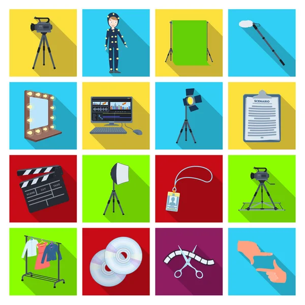 A movie camera, a floodlight, a chromakey and other equipment for the cinema.Making movie set collection icons in flat style vector symbol stock illustration web. — Stock Vector