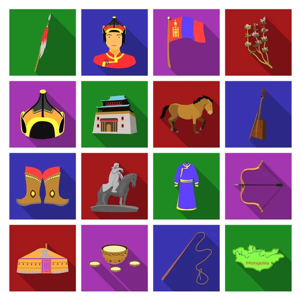 Djingis Khan, ett kloster, jurta och andra sevärdheter i Mongoliet. Mongoliet ligger samling ikoner i platt stil vektor symbol stock illustration web. — Stock vektor