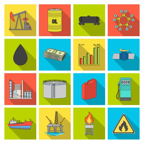 Ölplattform, Pumpe und andere Ausrüstung für die Ölgewinnung, -verarbeitung und -lagerung. Öl Set Sammlung Symbole im flachen Stil Vektor Symbol Stock Illustration Web. — Stockvektor