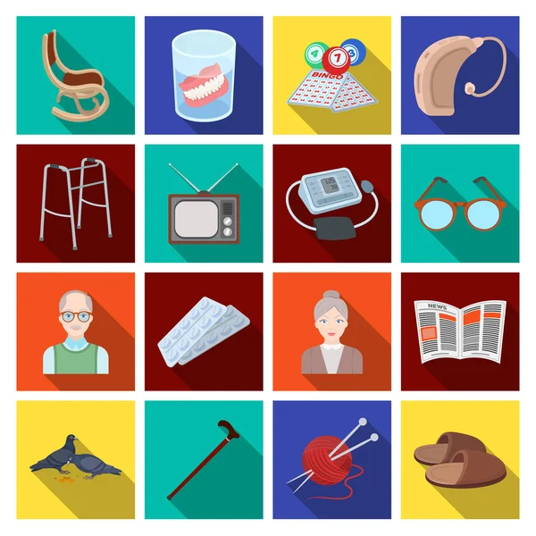 Koltuk, terlik, tonometer ve diğer öznitelikleri yaşlılık. Yaşlılık toplama simgeler düz stil vektör simge stok çizim web içinde ayarla..