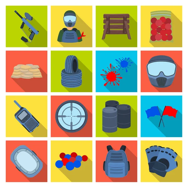Marker paintball, ekipman, toplar ve oyun için diğer takımlar için. Paintball tek kutsal kişilerin resmi içinde düz stil vektör simge stok çizim web.