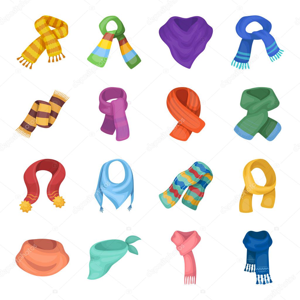 Wool, silk, polyester kinds of material for scarves and shawls.Scarves And Shawls set collection icons in cartoon style vector symbol stock illustration web.