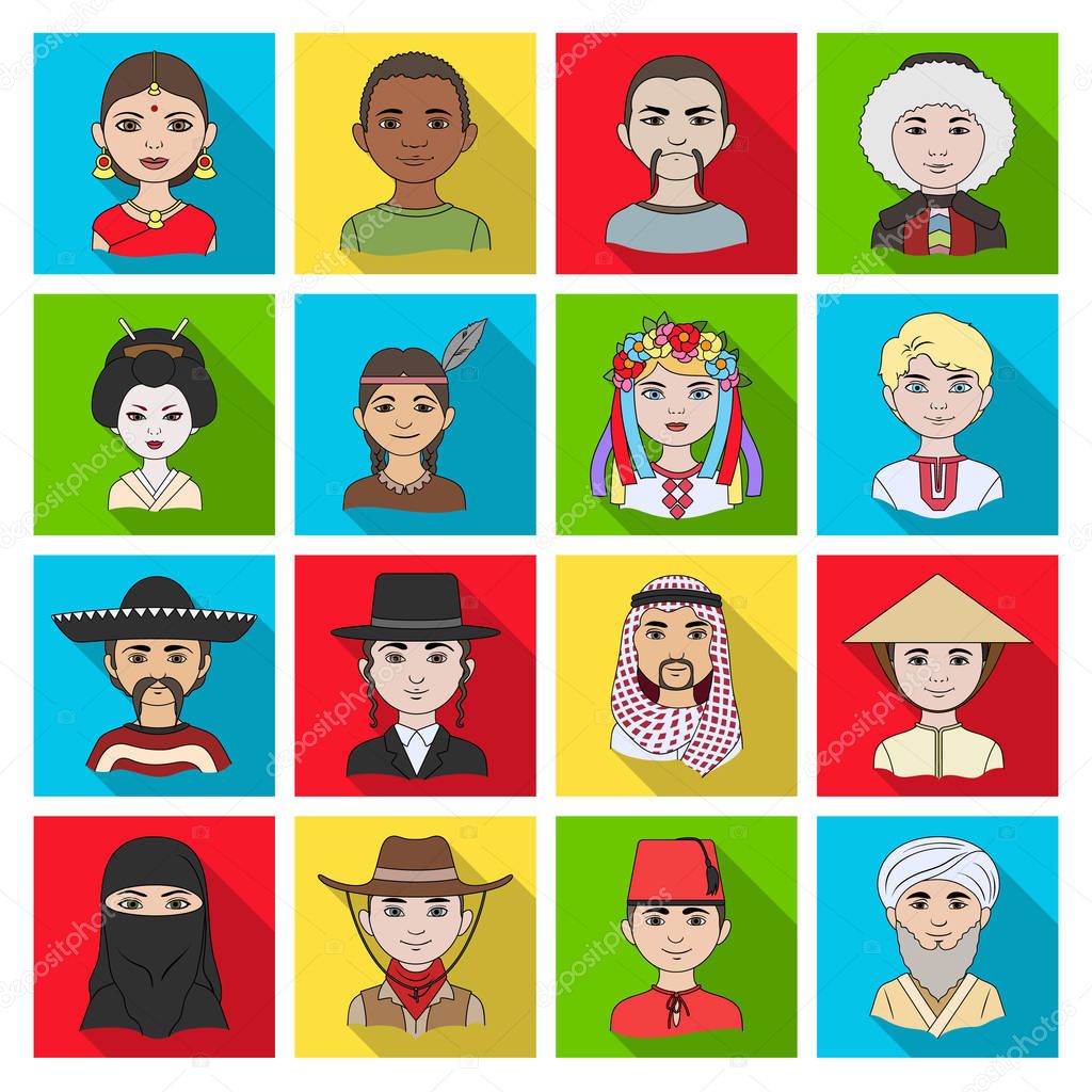 Chinese, russian, american, arab, indian, turk and other races. The human race set collection icons in flat style vector symbol stock illustration .