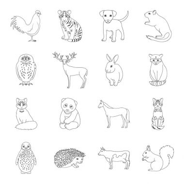 Geyik, kaplan, inek, kedi, horoz, baykuş ve diğer hayvan türleri. Hayvan toplama simgeler çizgi stil vektör simge stok çizim web içinde ayarla..
