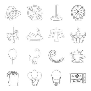 Carousel, çekim aralığı, slaytlar, pamuk ve diğer öznitelikleri. Eğlence Parkı toplama simgeler çizgi stil vektör simge stok çizim web içinde ayarla..