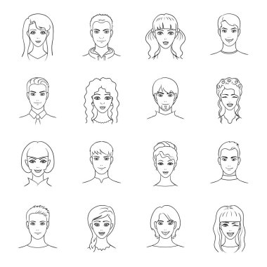 Dizi farklı avatarlar kızlar ve erkekler. Çizgi stili vektör simge stok çizim üzerinde küme koleksiyon avatar ve yüz simgesini.