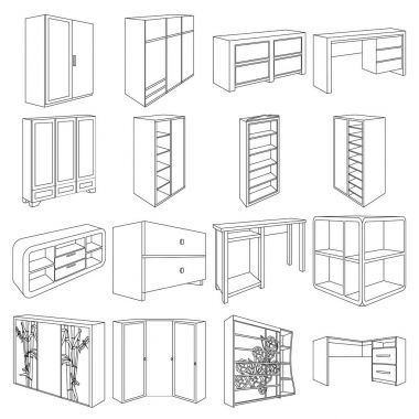 Dolap, ayna, ahşap ve diğer simgeler iç. İç toplama simgeler çizgi stil vektör simge stok çizim web içinde ayarla..
