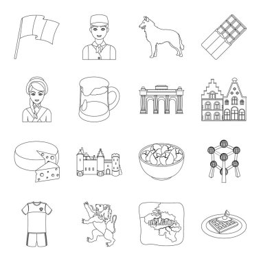 Ulusal, bayrak, giyim ve diğer Belçika özellikleri. Belçika toplama simgeler çizgi stil vektör simge stok çizim web içinde ayarla..