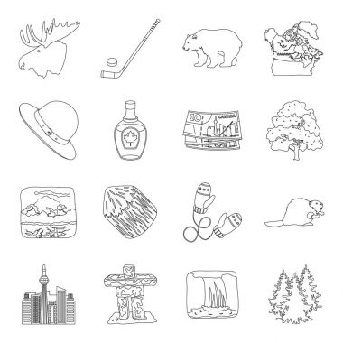 Vahşi hayvan, geyik, boynuzları ve diğer Kanada öğeleri. Kanada toplama simgeler çizgi stil vektör simge stok çizim web içinde ayarla..