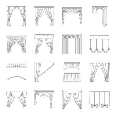Kumaş, tekstil, iç ve diğer perdeleri öğeleri. Perdeleri toplama simgeler çizgi stil vektör simge stok çizim web içinde ayarla..