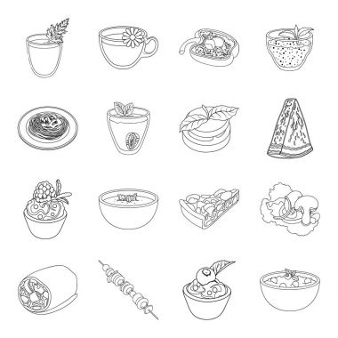 Suyu, pizza, meyveleri vejetaryen yemekleri vardır. Vejetaryen yemekleri toplama simgeler çizgi stil vektör simge stok çizim web içinde ayarla..