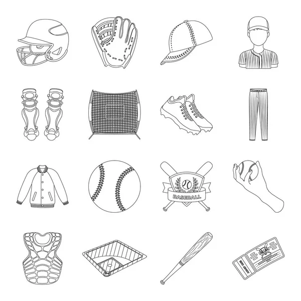 Bal, helm, vleermuis, uniform en andere kenmerken van de honkbal. Honkbal collectie iconen in line stijl vector symbool stock illustratie web instellen. — Stockvector