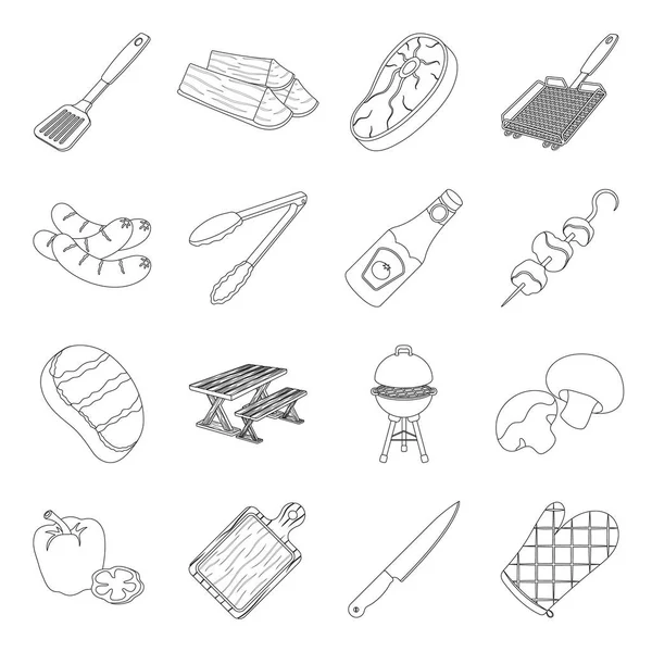 Et, biftek, yakacak odun, ızgara, tablo ve diğer aksesuarlar, Barbekü. Barbekü toplama simgeler çizgi stil vektör simge stok çizim web içinde ayarla..