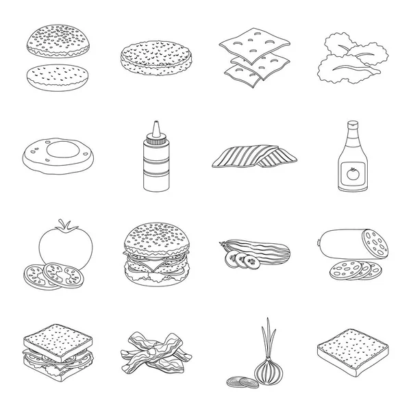 Rolki, kotlety, ser, ketchup, sałatki i inne elementy. Hamburgery i składniki zestaw kolekcji ikon w www ilustracji symbol wektor styl linii. — Wektor stockowy