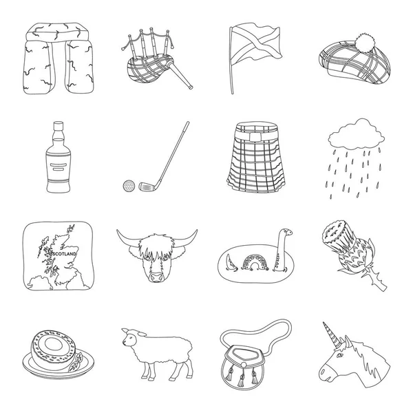İskoç eteği, gayda, Deve dikeni, İskoçya Ulusal konular. İskoçya toplama simgeler çizgi stil vektör simge stok çizim web içinde ayarla..
