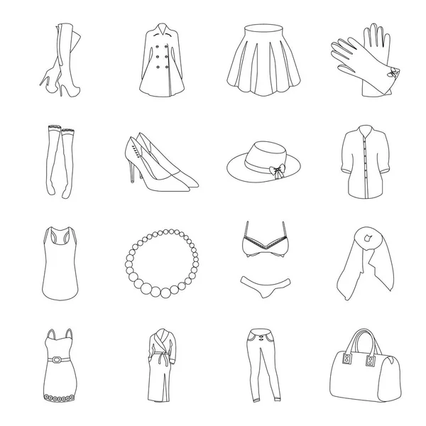 Robe, soutien-gorge, chaussures, vêtements pour femmes. Femmes vêtements ensemble collection icônes en ligne style vectoriel symbole illustration web . — Image vectorielle