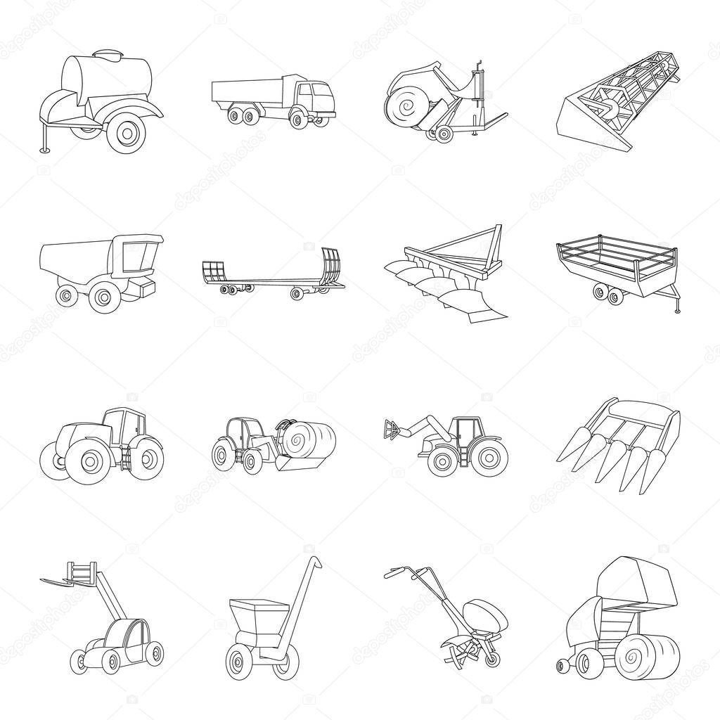Trailer, dumper, tractor, loader and other equipment. Agricultural machinery set collection icons in line style vector symbol stock illustration .