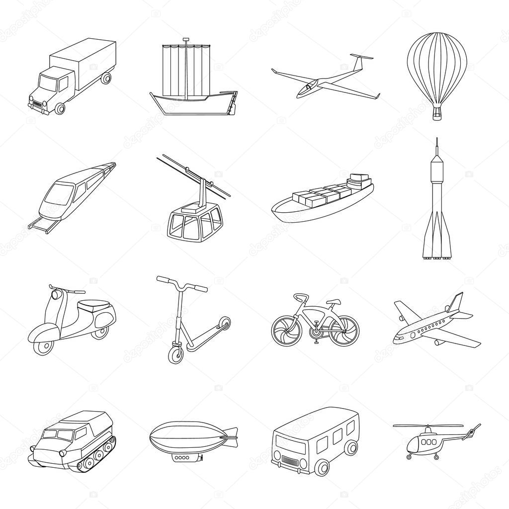 Yacht, funicular, metro transport for the transportation of passengers and cargo. Transport set collection icons in line style vector symbol stock illustration web.