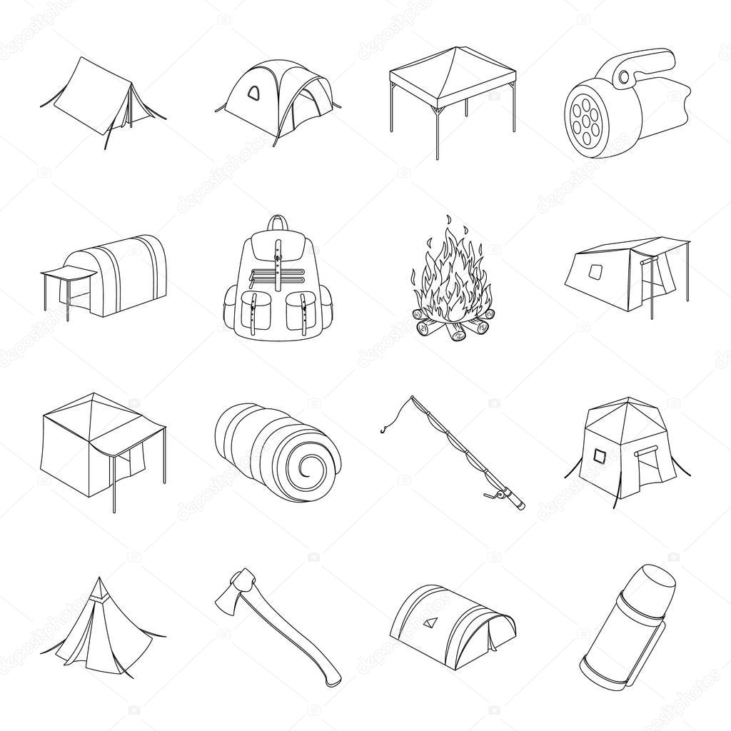 Various kinds of tents and other tourist accessories. The tent set collection icons in line style vector symbol stock illustration web.
