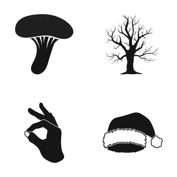 Champignon, arbre flétri et autre icône web dans le style noir. OK geste, Chapeau du Père Noël icônes dans la collection ensemble . — Image vectorielle