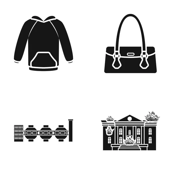 Vêtements, sacs à main pour femmes et autres icônes web de style noir. usine, brûler les icônes du bâtiment dans la collection ensemble . — Image vectorielle