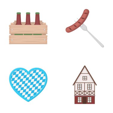 Kutu bira, Kızarmış sosis, festival, Bavyera yazlık kalp ile. Oktoberfest toplama simgeler karikatür tarzı vektör simge stok çizim web içinde ayarla..