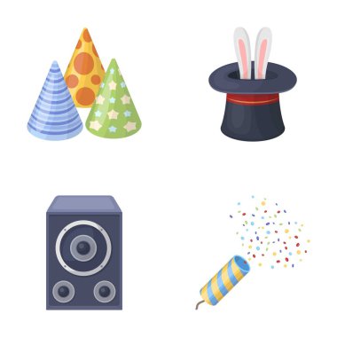 Hileci, müzik ve diğer aksesuarlar partide. Parti ve partits simgeler karikatür tarzı vektör simge stok çizim web içinde ayarla.