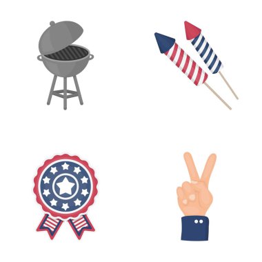 Barbekü, Selam, ebblema, zafer oylama. Vatanseverler günü toplama simgeler karikatür tarzı vektör simge stok çizim web içinde ayarlayın..