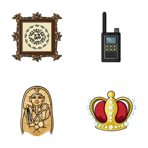 Foto, sarcofaag van de farao, de walkie-talkie, de kroon. Museum collectie iconen in cartoon stijl vector symbool stock illustratie web instellen. — Stockvector