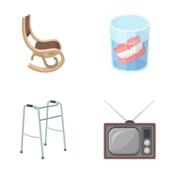 Fogsor, ringató szék, walker, a régi Tv.Old kor településen rajzfilm stílusú vektor szimbólum stock illusztráció web ikonok gyűjtemény. — Stock Vector