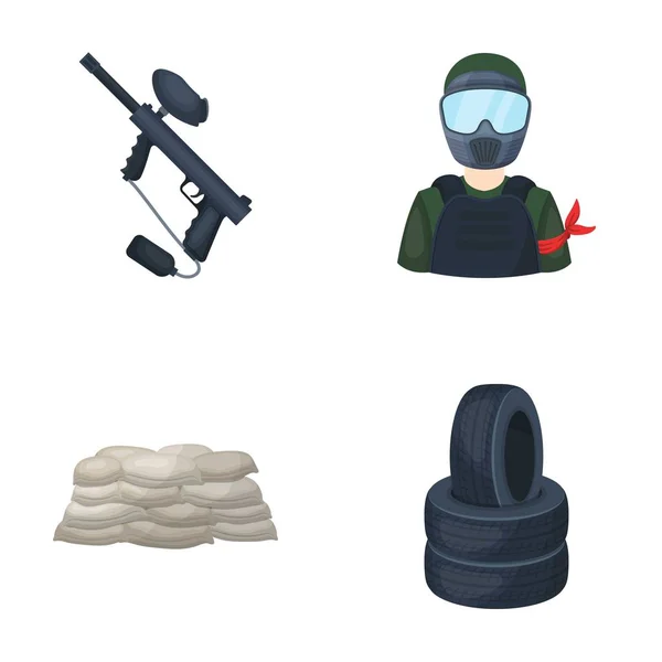 Marcador Paintball, jogador e outros acessórios. Paintball único ícone em desenho animado estilo vetor símbolo ilustração web . —  Vetores de Stock