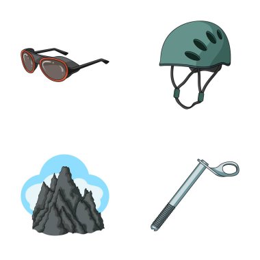 Kask, gözlük, kama Emanet, zirveleri bulutlar. Dağcılık toplama simgeler karikatür tarzı vektör simge stok çizim web içinde ayarla..