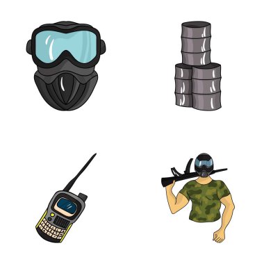 Ekipman, maske, varil, barikat. Paintball toplama simgeler karikatür tarzı vektör simge stok çizim web içinde ayarla..