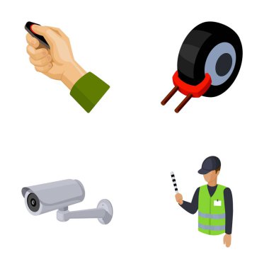 Araba alarmı, jant, güvenlik kamerası, Park asistanı. Buraya park edilmez toplama simgeler karikatür tarzı vektör simge stok çizim web içinde ayarla..